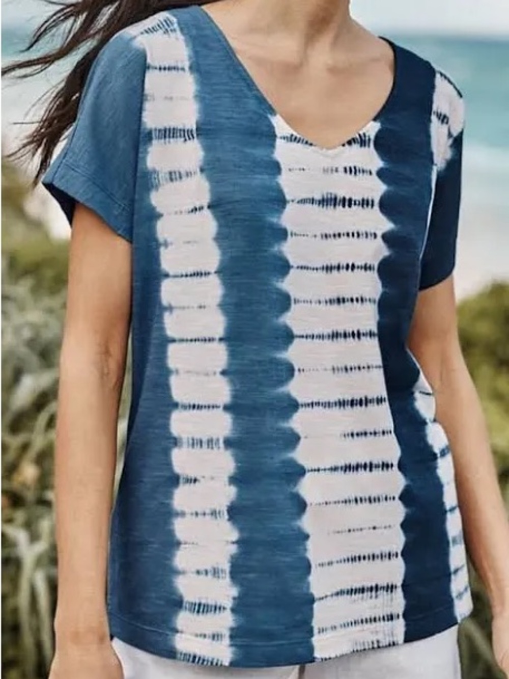 Pure Jill Tie-Dyed Dolman Tee V-Neck Short Sleeve Blue Beachy Relaxed Cotton